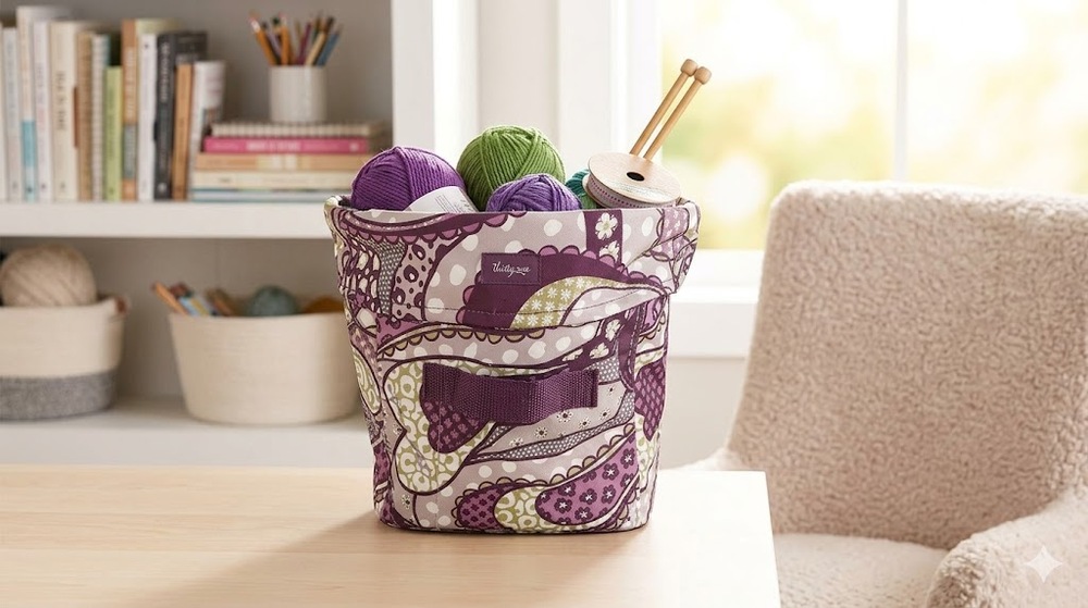 Thirty One Utility Bin Purple Paisley Print Pop Up Storage Basket Round Collapse